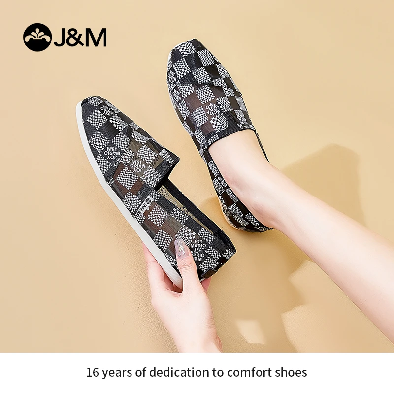 J&M/快乐玛丽女2023夏季新款经典棋盘格网面休闲鞋经典布鞋62361W