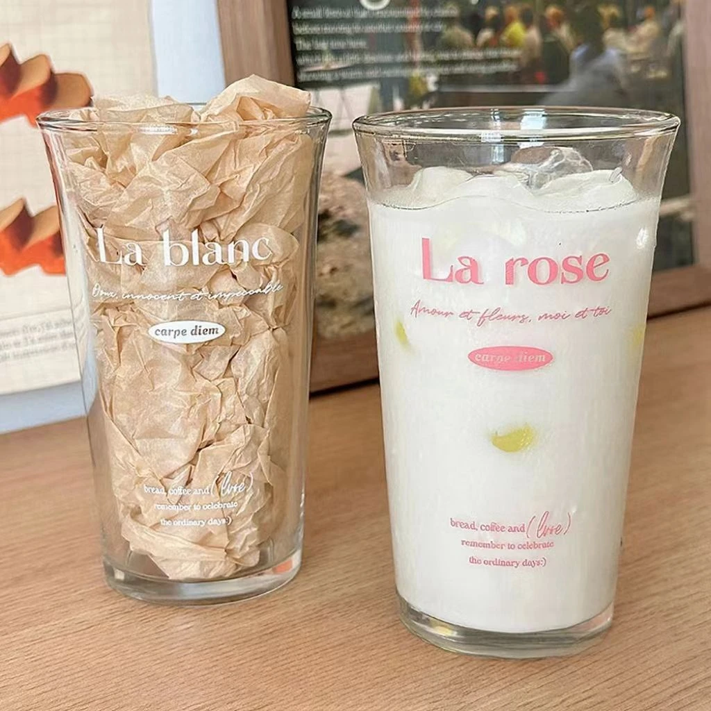 韩版ins风法式字母玻璃杯牛奶杯冷饮杯果汁杯咖啡杯耐高温送吸管