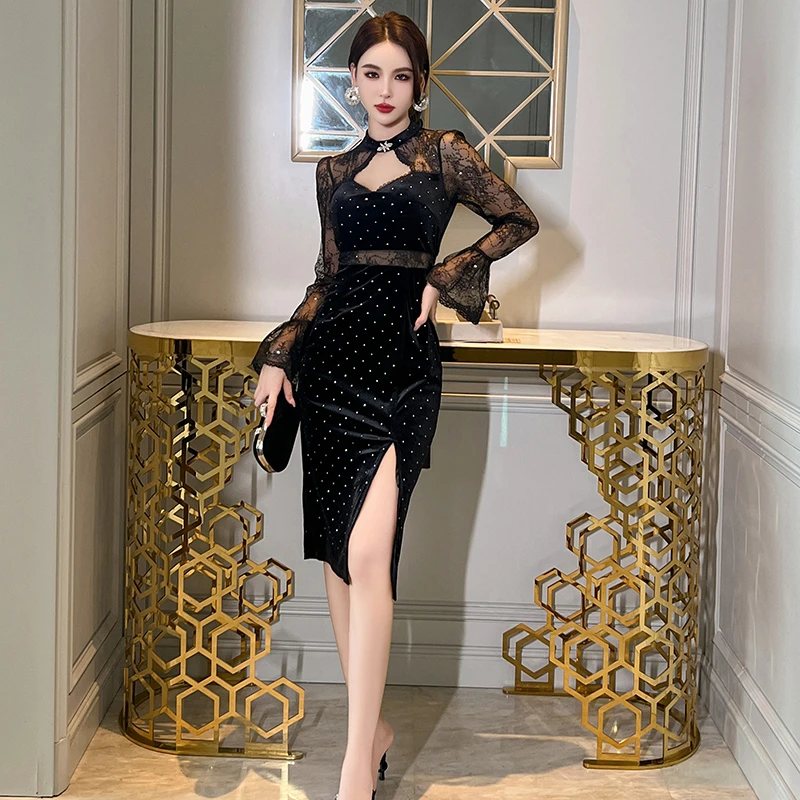 70133新款黑色钉钻高级显瘦礼服气质显高时尚轻奢连衣裙