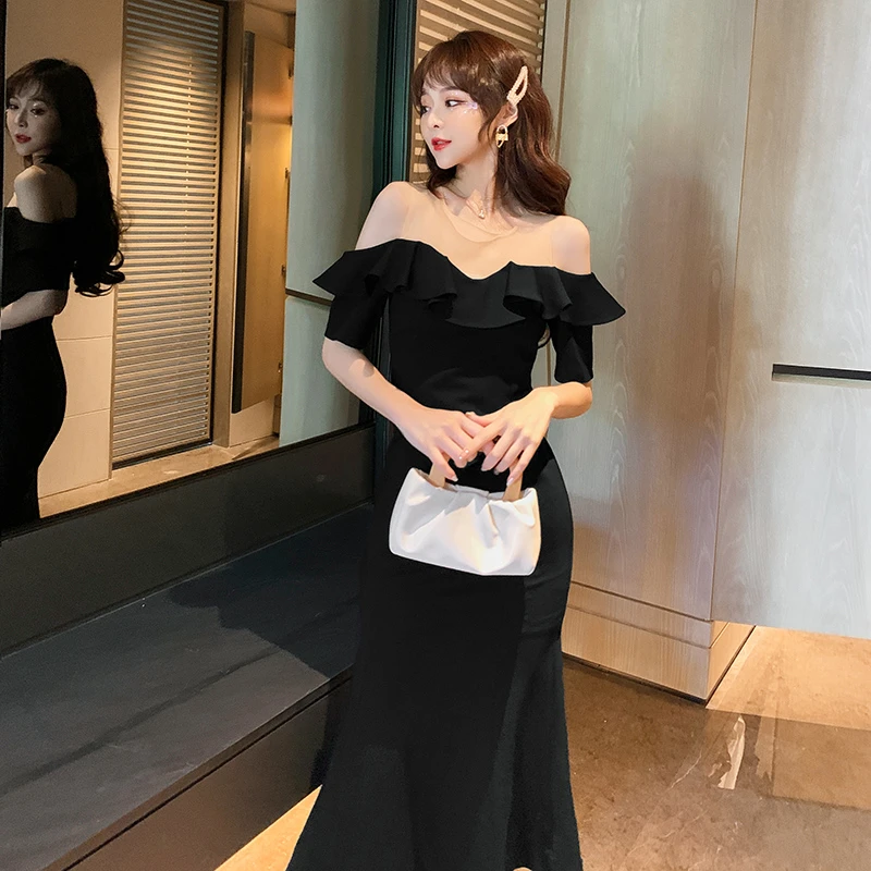【MEIXIN推荐款】5131法式性感荷叶边拼接小黑裙收腰显瘦鱼尾连衣裙