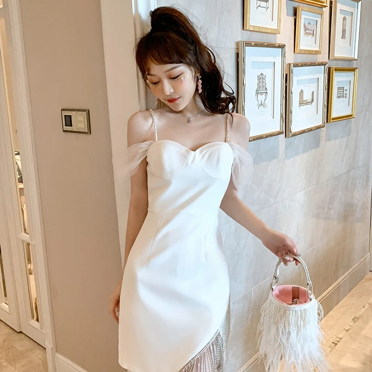 5034 小个子气质修身显瘦重工水钻流苏吊带连衣裙