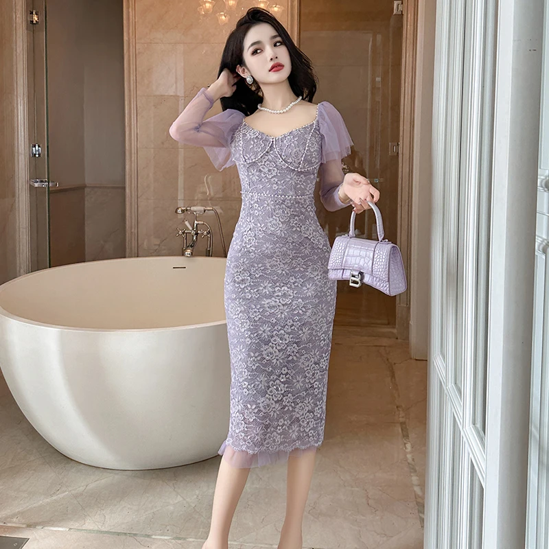 【简颜之】10808法式气质名媛荷叶袖修身显瘦仙女长款蕾丝连衣裙