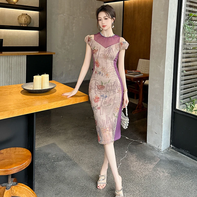 【MEIXIN推荐款】10707复古露肩洋气显白显瘦高贵紫修身碎花连衣裙