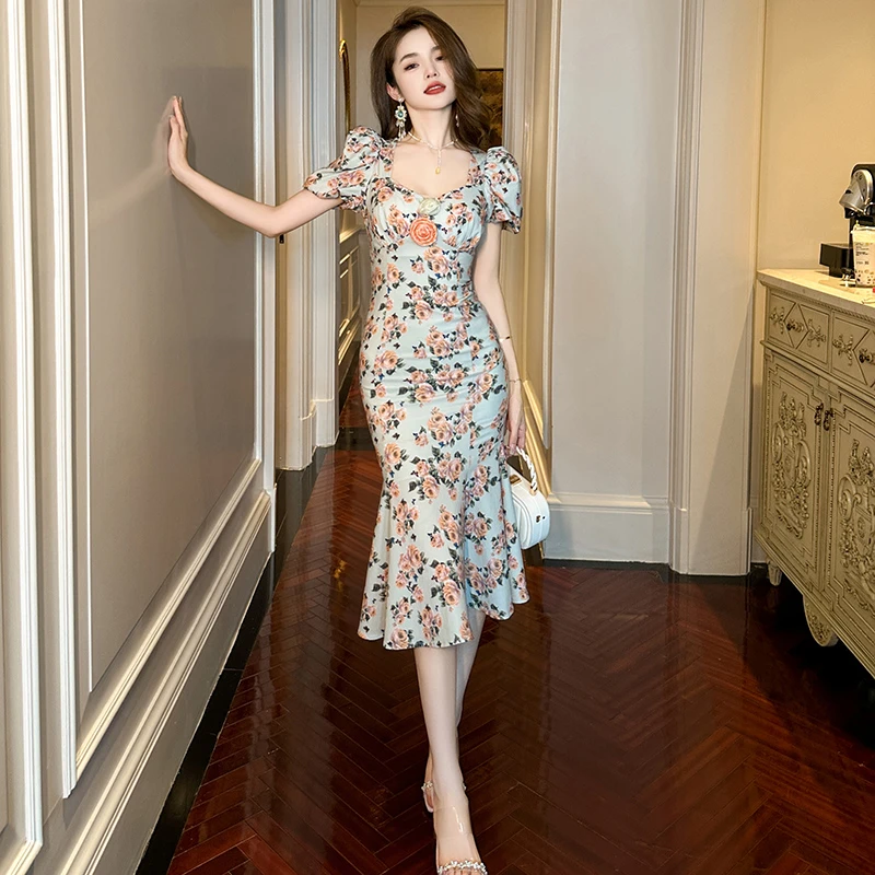 10360夏季新款初恋碎花显瘦气质法式收腰复古连衣裙