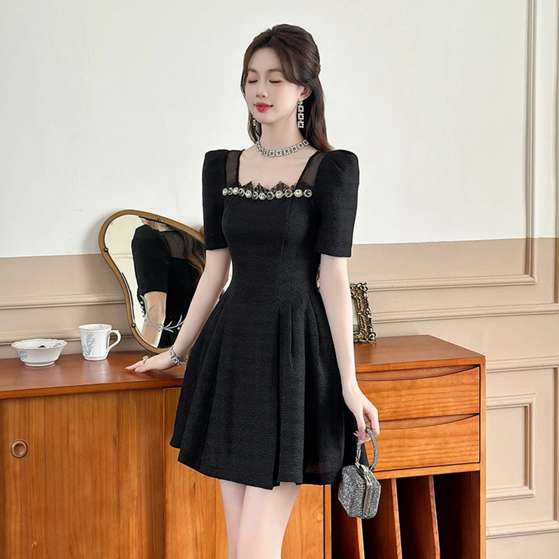 21212夏季新款收腰蓬蓬小黑裙连衣裙