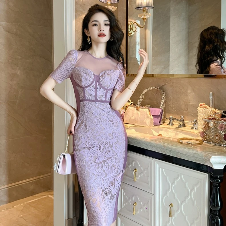 【简颜之】20508法式名媛气质轻奢收腰修身显瘦蕾丝连衣裙