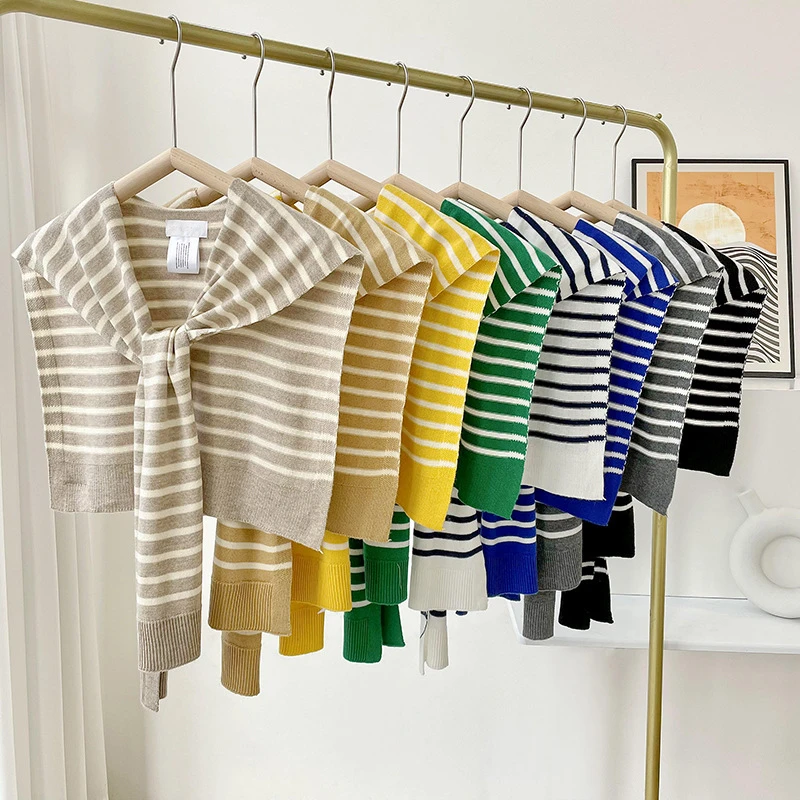 韩版春秋冬条纹毛线假领保暖披肩针织外搭装饰打结空调房披肩女