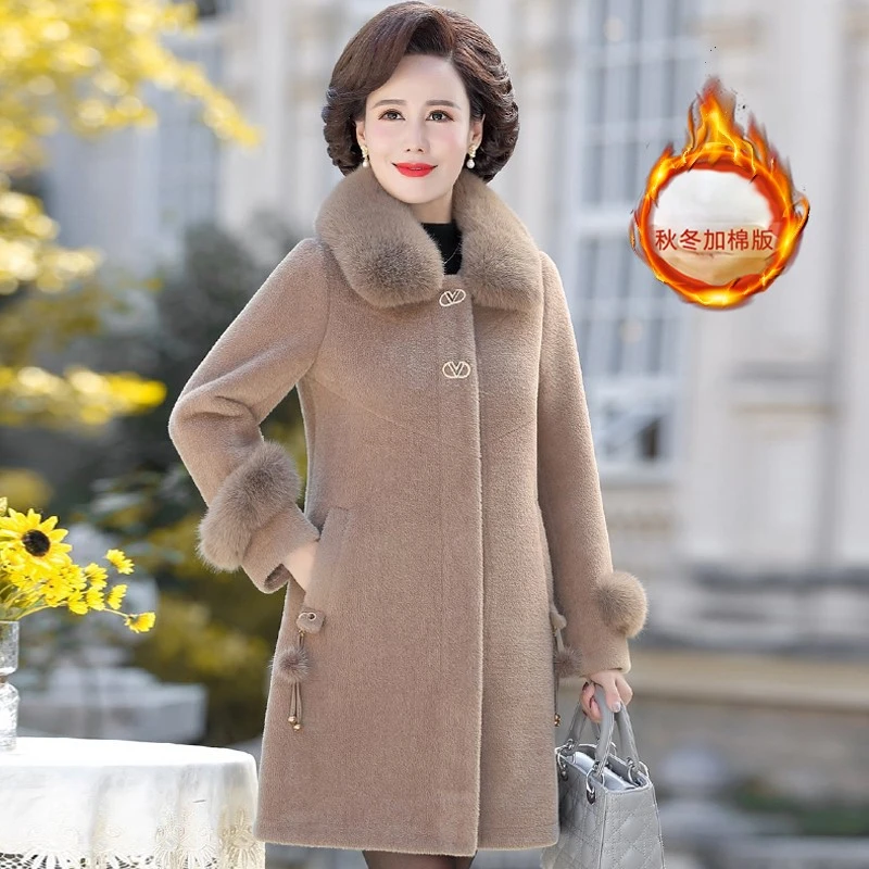 中年妈妈冬装外套新款中老年女秋冬中长款水貂绒大衣加厚上衣