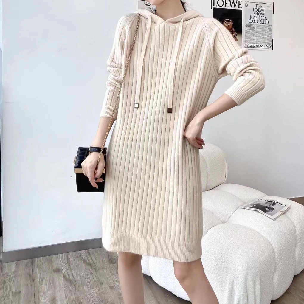 韩版连帽毛衣裙女中长款秋冬百搭加厚内搭打底裙小个子针织连衣裙