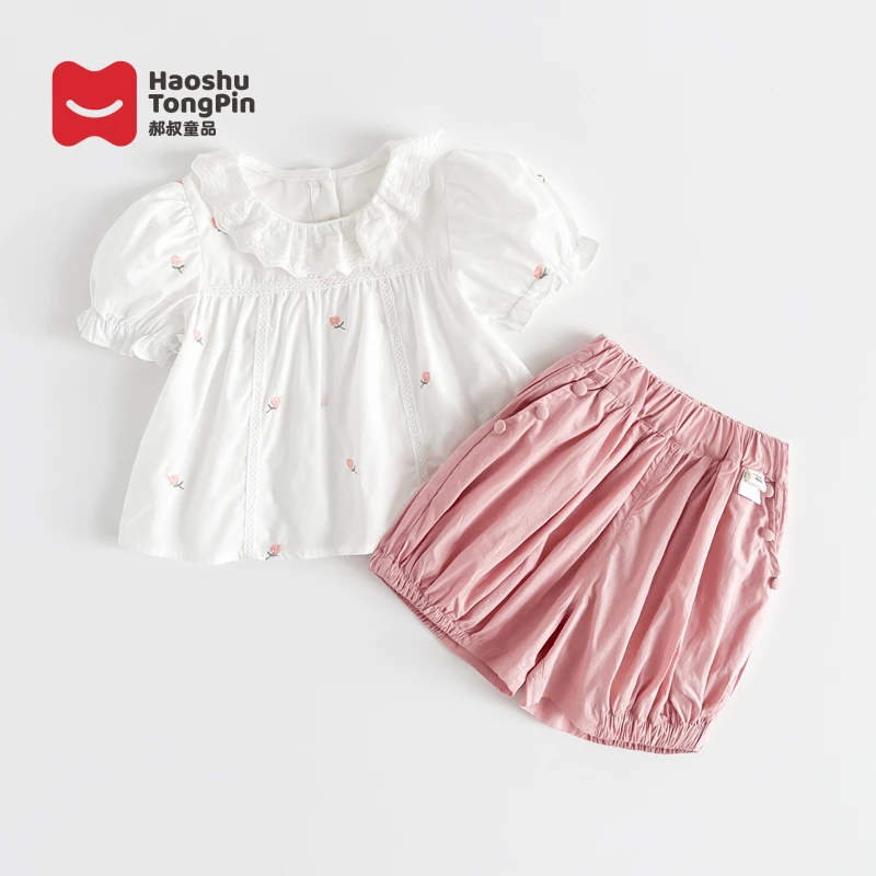 郝叔童品夏季新款女童HN4215娃娃衫套装2024时尚休闲百搭女宝套装