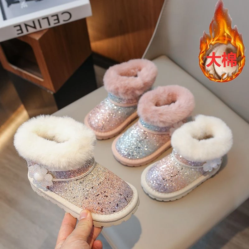 巴拉巴拉恩儿童雪地靴冬季新款大棉花朵亮片雪地棉毛绒绒女童棉靴