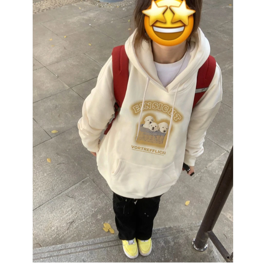 美式卡通小狗印花连帽卫衣女秋冬加绒新款宽松慵懒风百搭上衣ins