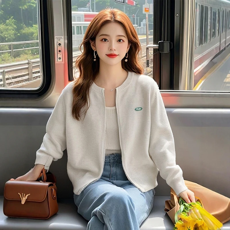 加厚字母刺绣撞色双拉链针织衫淑女休闲韩版线衫百搭时尚显瘦宽松