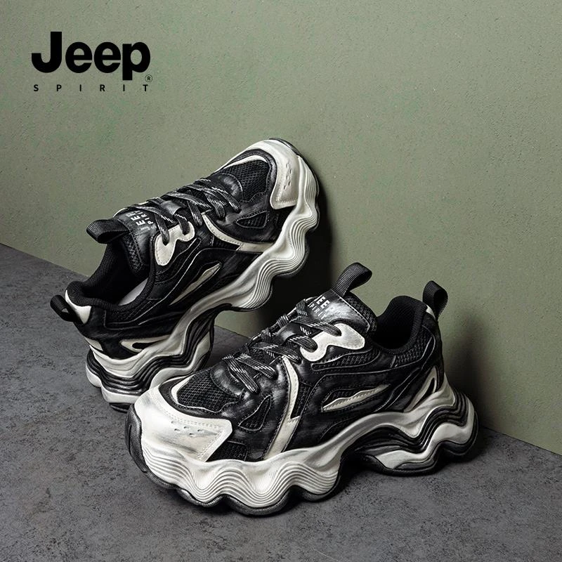 JEEPSPIRIT男鞋2025夏季新款内增高老爹鞋透气网面鞋防滑运动鞋子