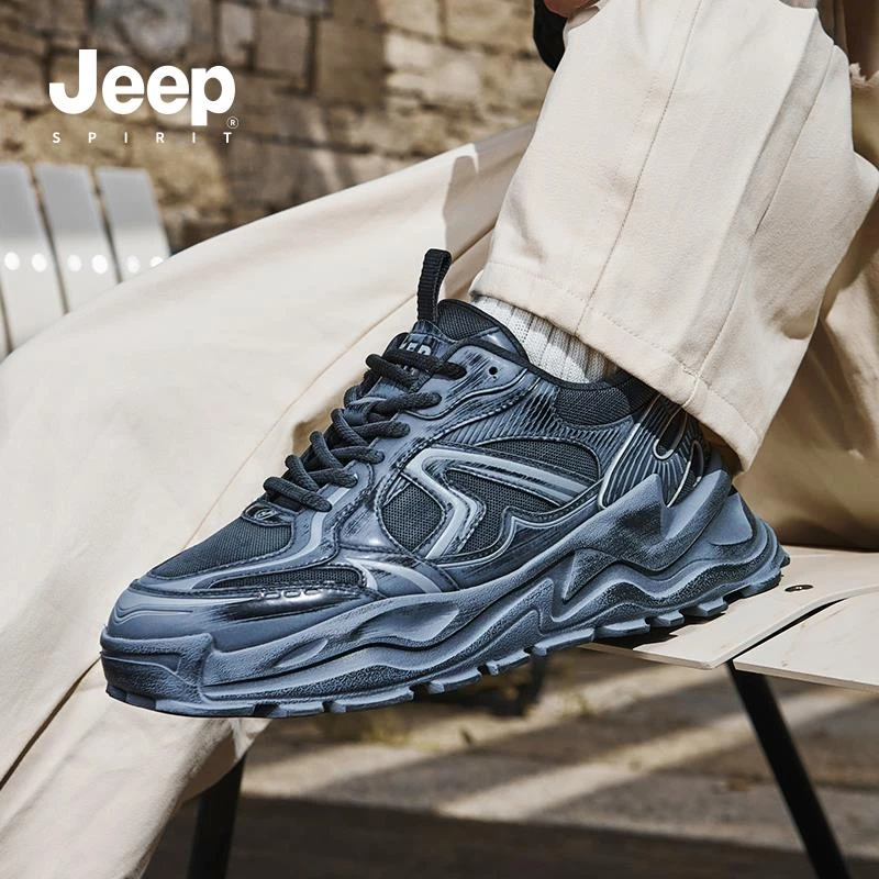 JEEPSPIRIT男鞋夏季青少年网面运动鞋跑步潮牌黑武士老爹鞋增高鞋