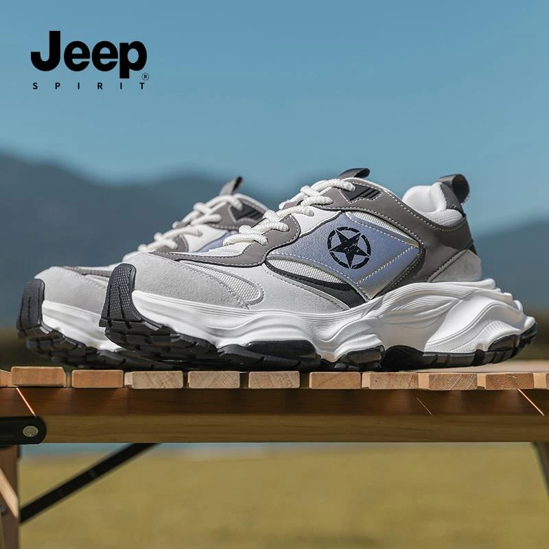 JEEPSPIRIT夏季透气百搭运动休闲鞋青少年跑步增高男士网面老爹鞋