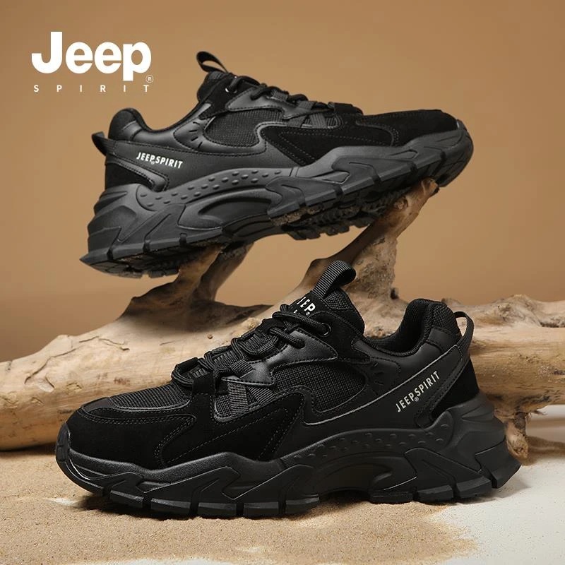 JEEPSPIRIT老爹鞋减震运动风系带时尚休闲鞋潮流黑色鞋透气嘻哈风
