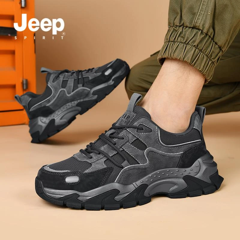 JEEP吉普男鞋2024春季新款网面户外登山运动潮鞋子厚底黑色老爹鞋