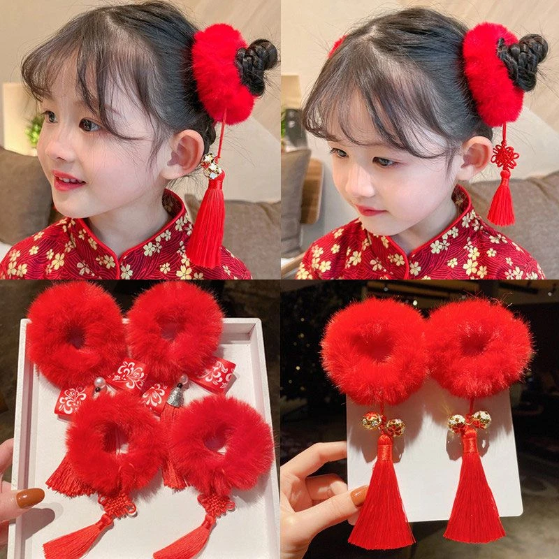 女童汉服发饰宝宝龙年新年头饰中国风流苏发圈儿童古风丸子头发绳