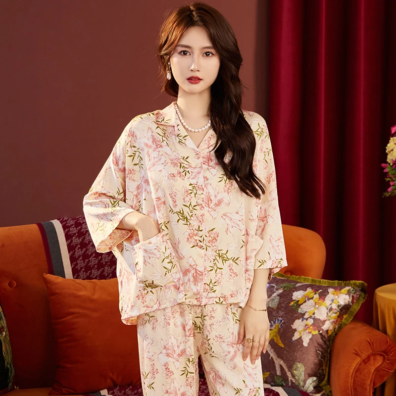 上海故事粉色小碎花春夏新款薄款冰雪丝宽松睡衣女家居服套装