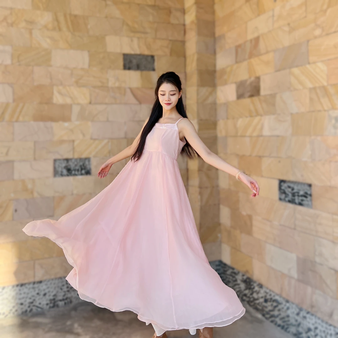 花倾尘仙气打底吊带长款显瘦夏季气质连衣裙