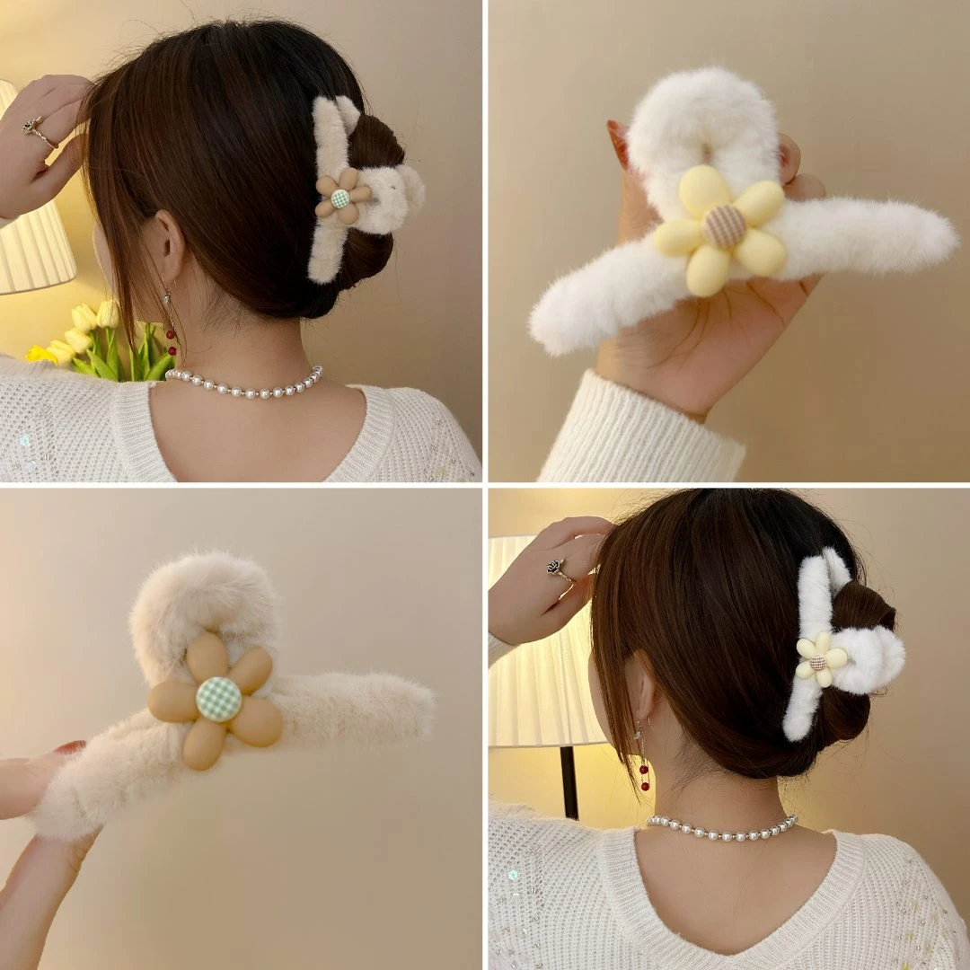 毛绒盘发氛围感鲨鱼夹甜美网红发夹女优雅发饰发卡毛绒绒发夹抓夹
