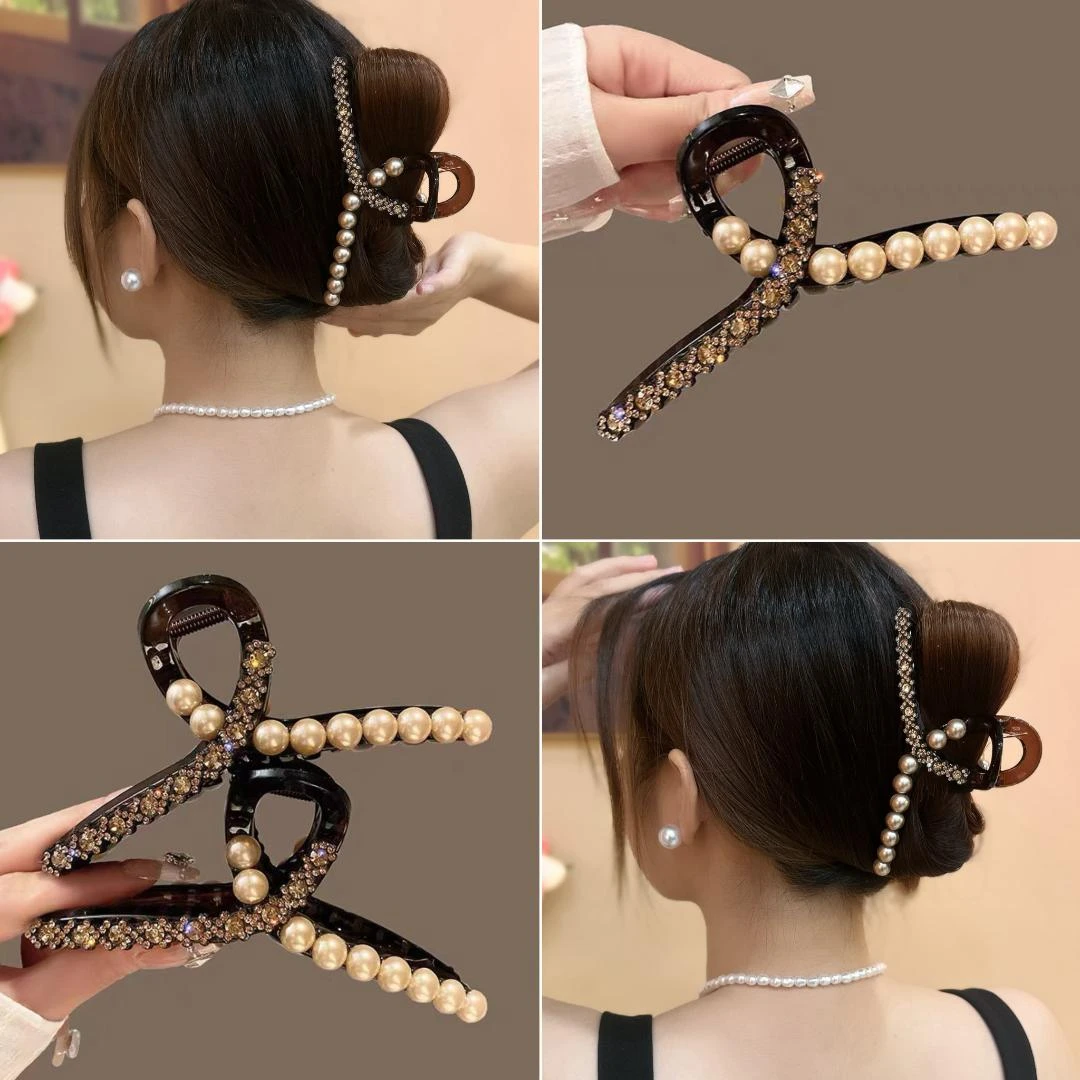 大号珠珠闪钻抓夹氛围感轻奢后脑勺抓夹鲨鱼夹茶色发夹发饰上班族