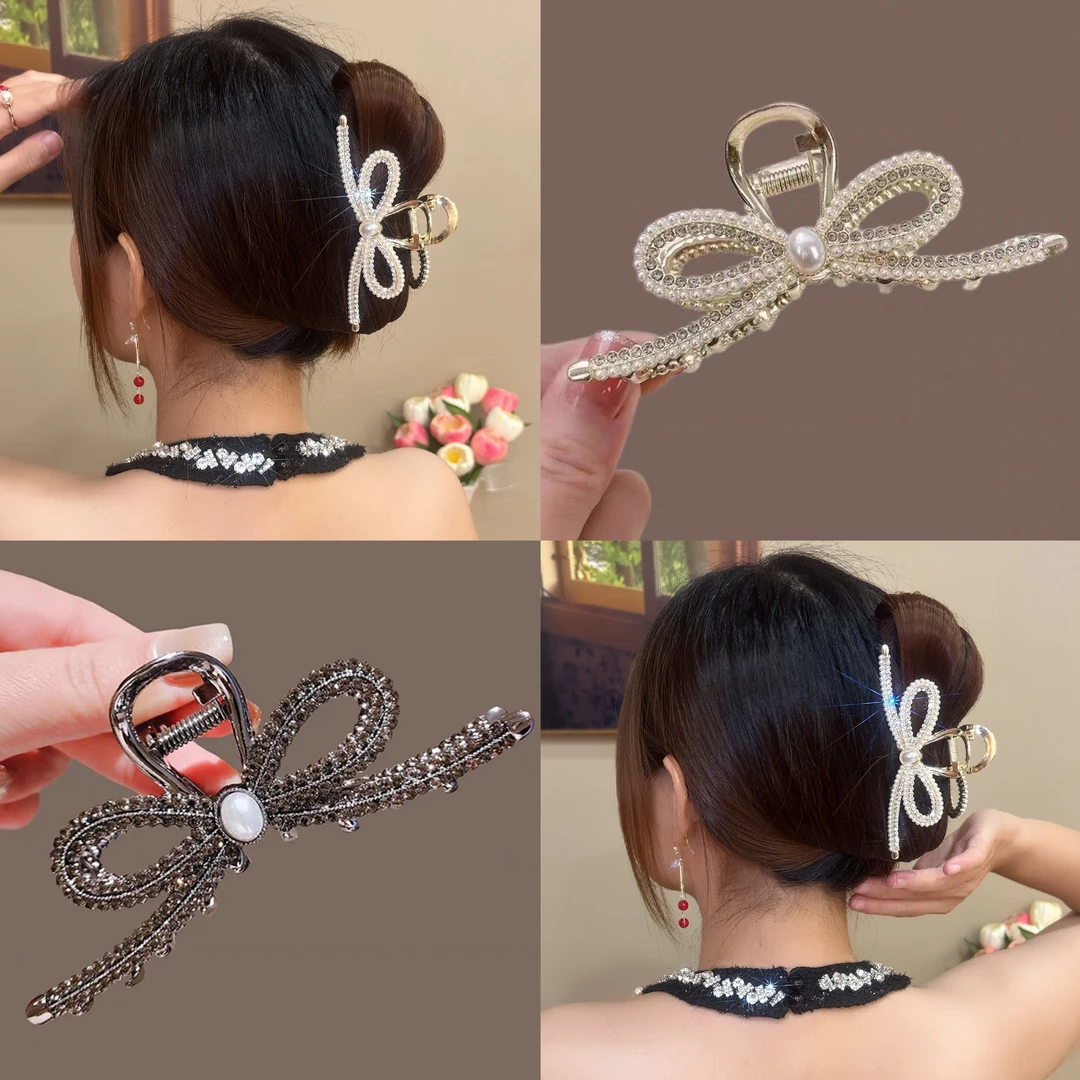 气质春夏轻奢蝴蝶结闪钻合金盘发后脑勺抓夹鲨鱼夹精致镶钻大抓夹
