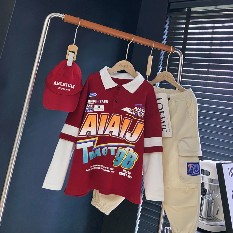 男童长袖卫衣儿童2023春季街头POLO衫炸街中大童运动洋气宽松上衣