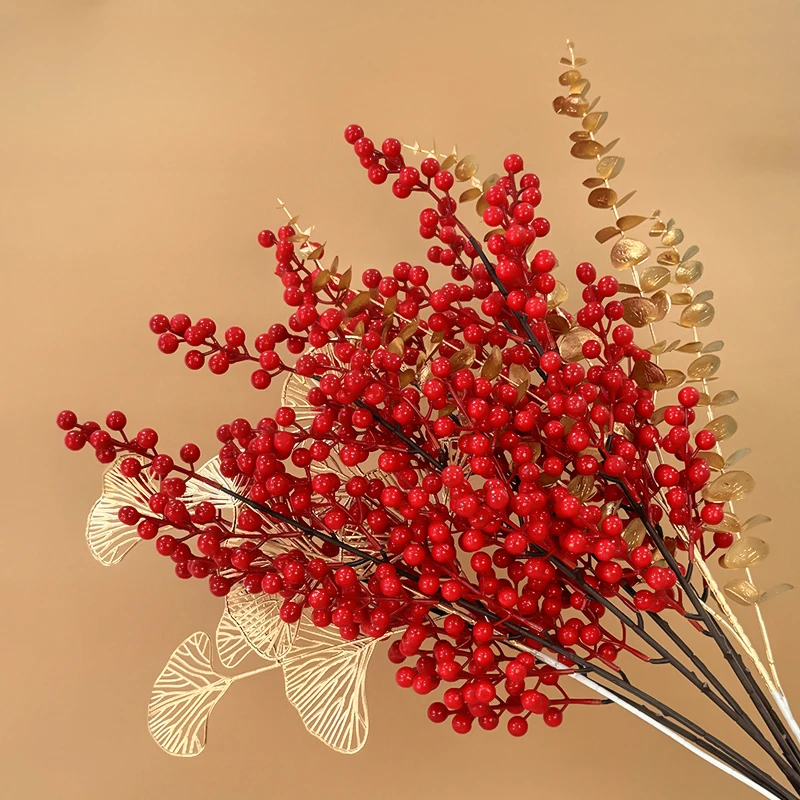婚庆仿真冬青红果单支相思红豆吉祥果泡沫果福桶摆件插花配材红果