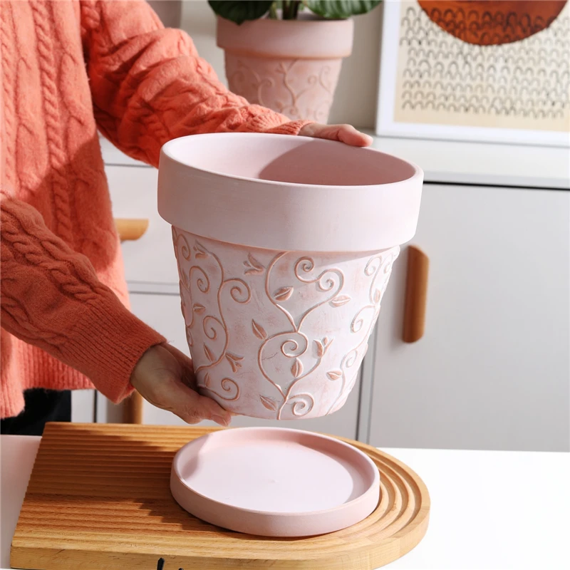 【20CM】透气红陶花盆浮雕复古陶土做旧ins风花园文艺简约陶瓷花盆