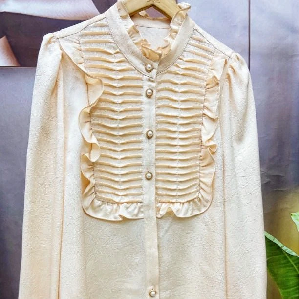 仓K-8057- 淑女风褶皱立领荷叶边单排扣显瘦长袖衬衫