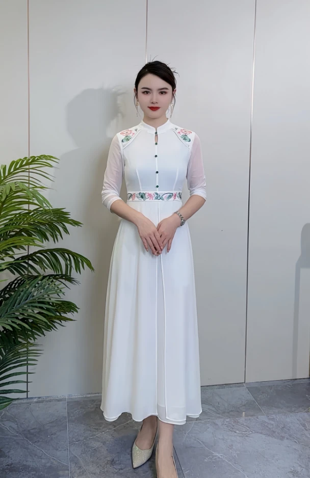 25271-2025夏季中式国风荷花刺绣战袍领网纱袖连衣裙女