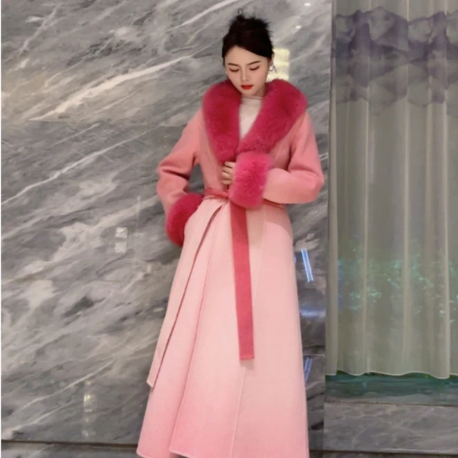 秋冬新款粉色渐变毛领双面温柔气质大衣外套女888-1