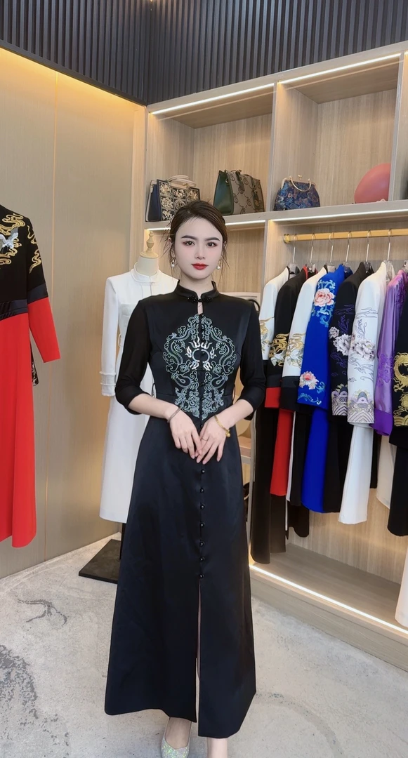 25216-花仙子2025春夏新中式满绣花复古百搭a字连衣裙