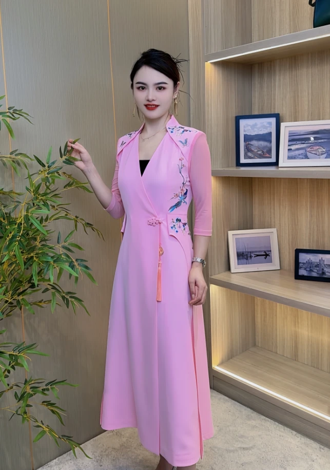 2024新中式国风刺绣喜上眉梢纱袖显瘦遮肉连衣裙-25266