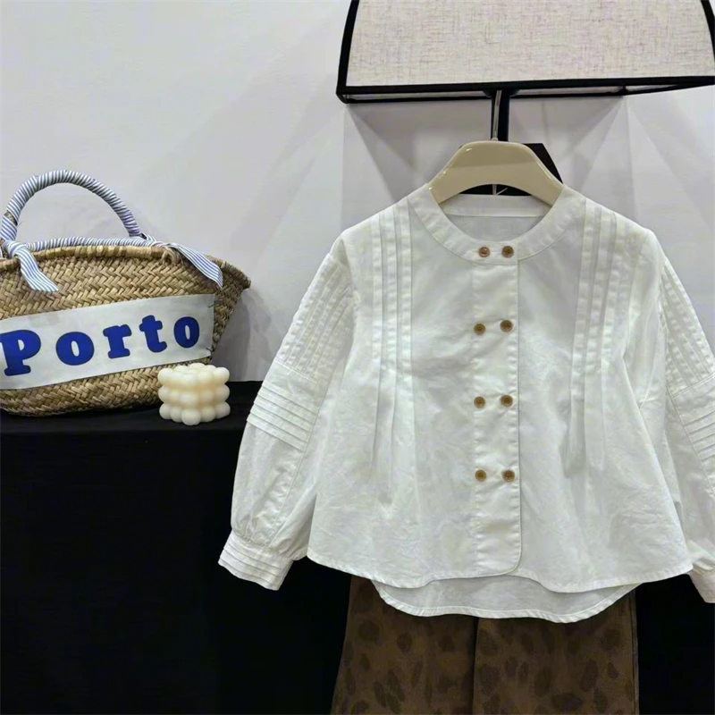 【现货】Leomama秋装儿童衬衣中大童白色上衣圆领时髦女童长袖衬衫