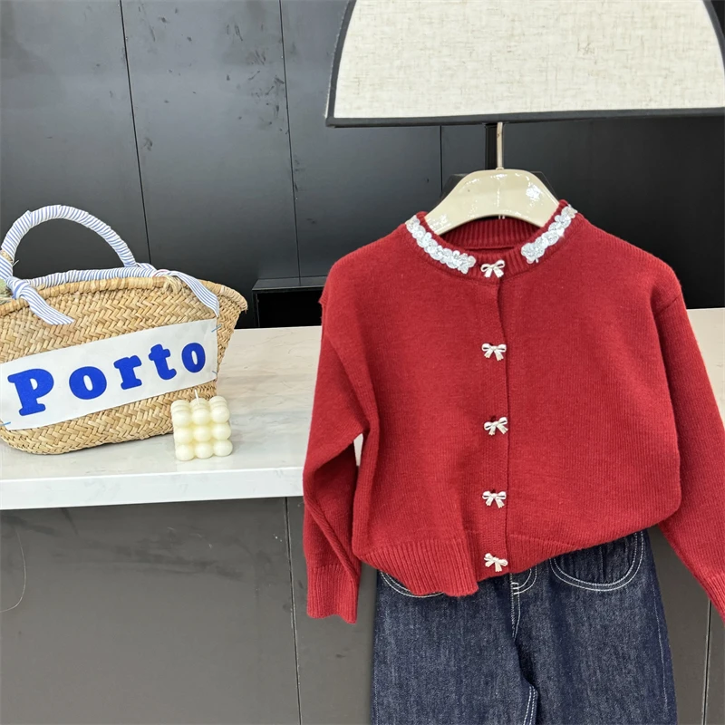 现货Leomama童装女童毛衣开衫儿童秋装中大童气质圆领针织衫外套