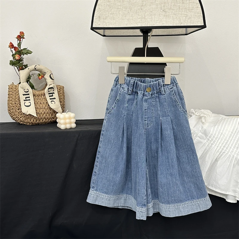 现货【飒飒生风】女童阔腿牛仔裤夏季儿童纯棉薄款宽松直筒裤八分裤