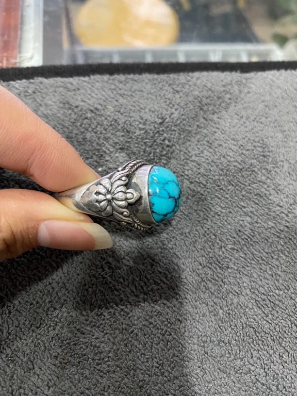 足银戒指 纯手工制作纯银戒指松石戒指蓝色镶嵌银制品民族风