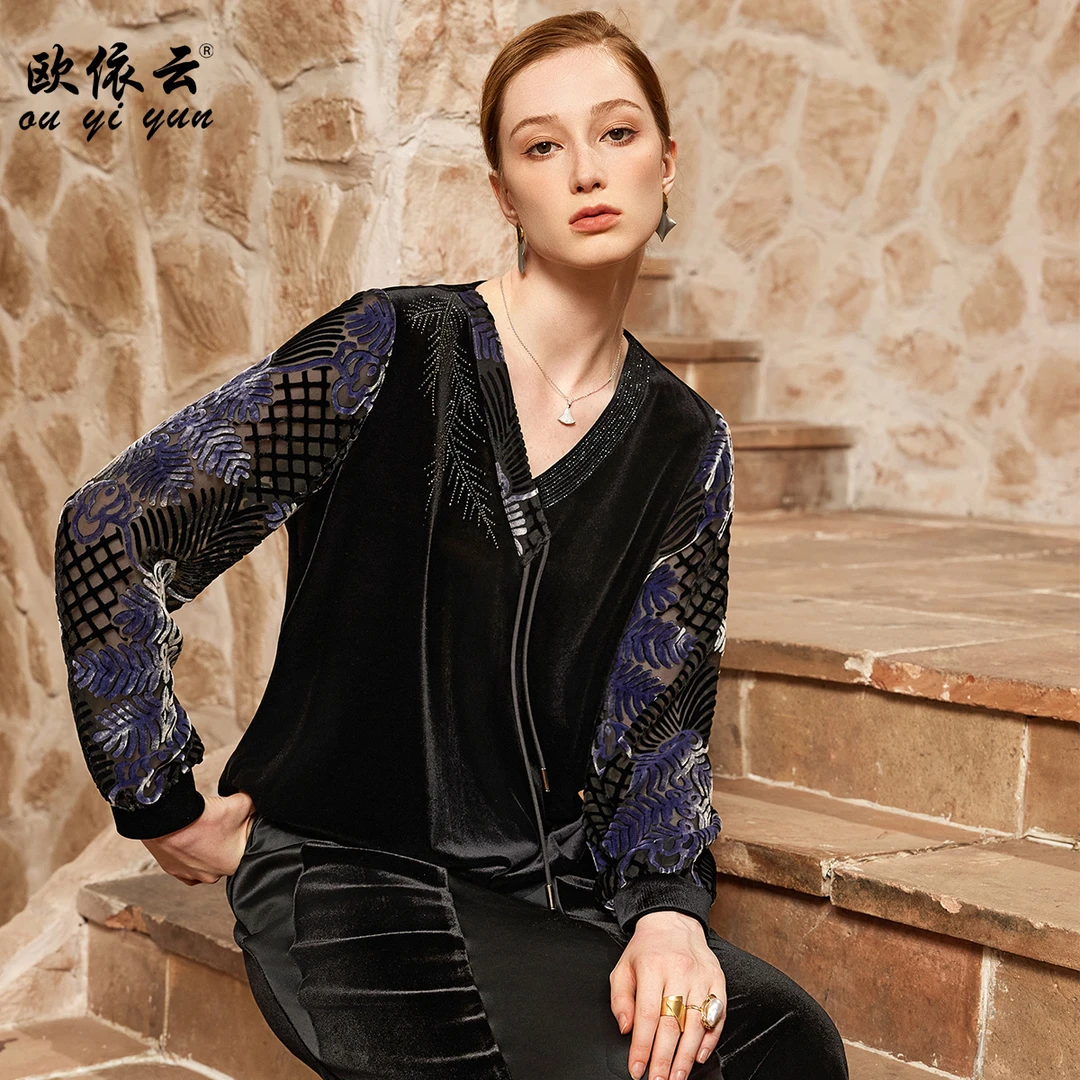 37581欧依云中年妈妈秋装长袖上衣宽松显瘦洋气丝绒大码打底衫