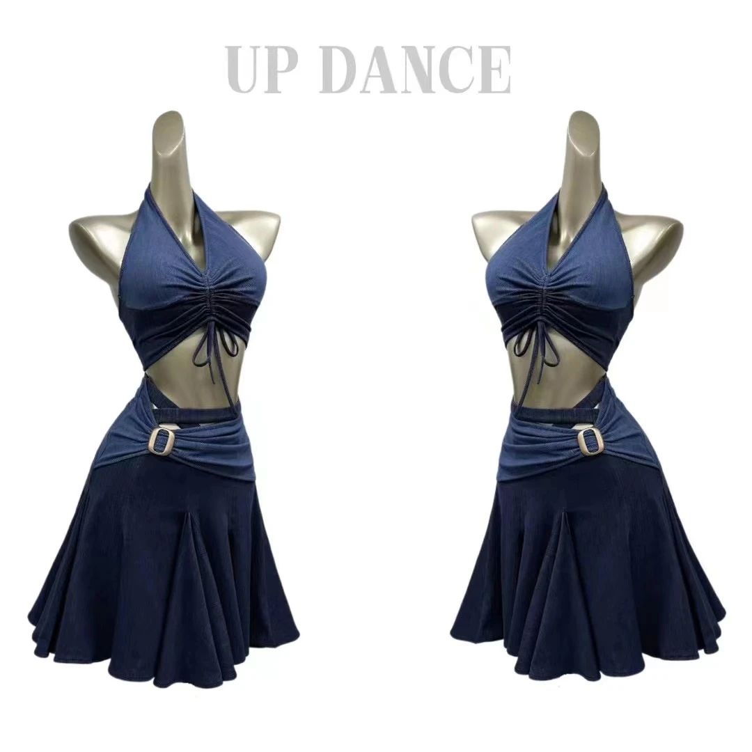 UP 新款牛仔拉丁舞高级定制套装设计弹力蓝色性感夏季挂脖露背