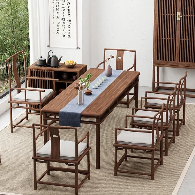 桦丰茶艺实木桌家具定制新中式简约家用餐桌桌子茶桌椅木桌胡桃色