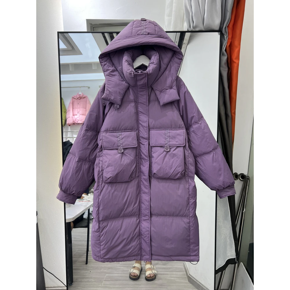 鸭鸭2023年韩版反季新款羽绒服女中长款连帽白鸭绒过膝加厚宽松