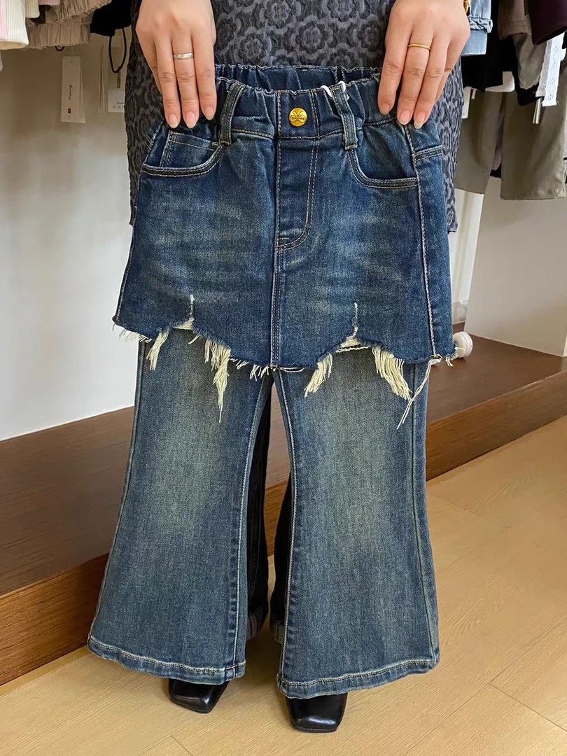 女童时尚假两件牛仔裤2024秋冬新款韩版儿童洋气百搭喇叭裤中大童