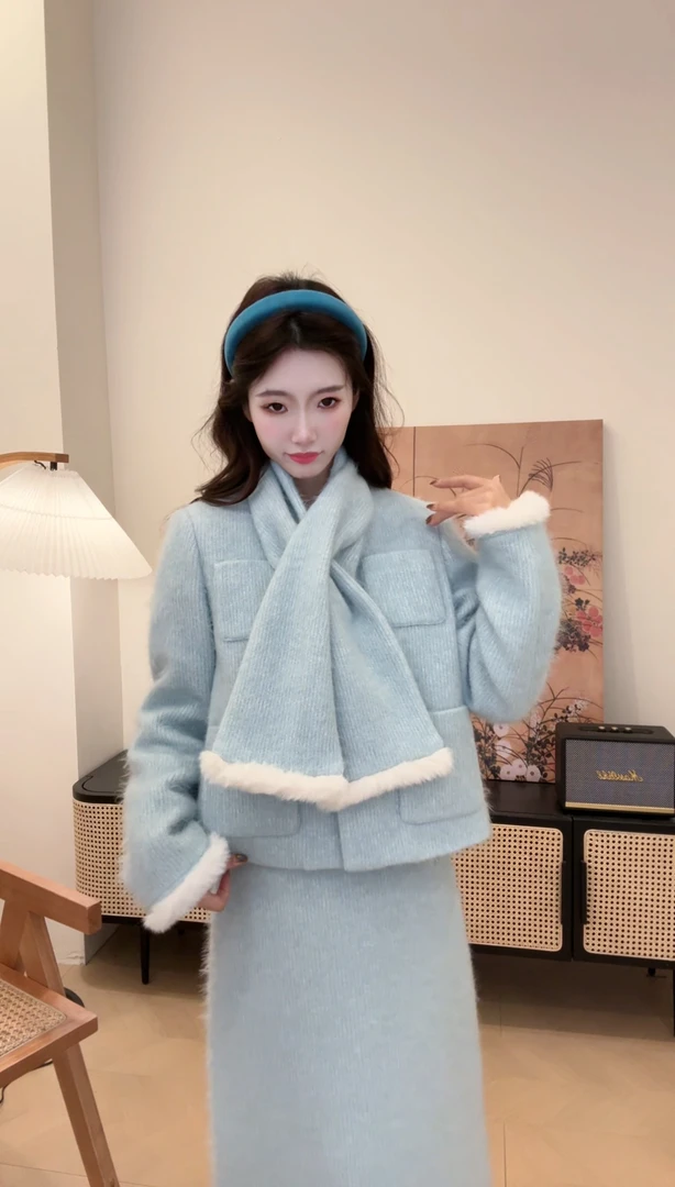 【温柔叙事套装】原创设计师女装法式日常气质蓝色时尚冬季保暖