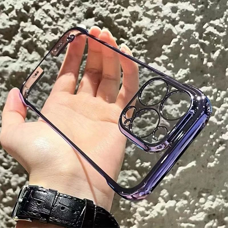 电镀无边框苹果14手机壳13promax超薄透明iPhone12/11硬壳xs散热8