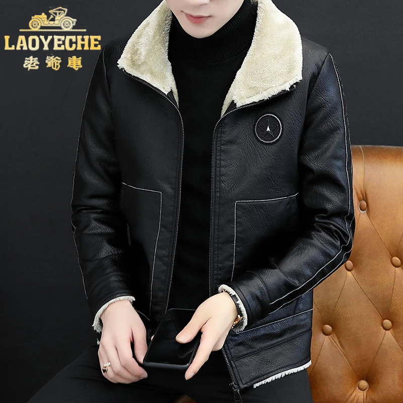 老爷车男士冬季潮牌翻领机车皮夹克加绒加厚棉衣棉袄冬装保暖外套
