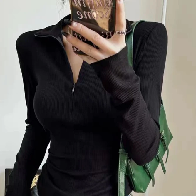 纯色显瘦半拉链翻领长袖打底衫女春秋修身短款T恤正肩上衣