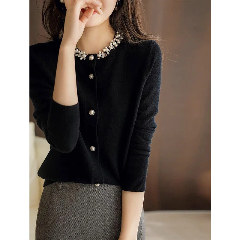 2023秋装新款钉珠小香风开衫外套外套秋款毛衣针织衫网红款小开衫